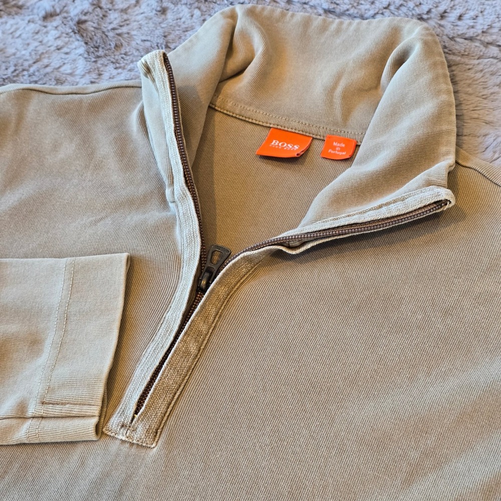 Hugo Boss Mens Tan‎ Beige 1/4 Zip Cotton Pullover Sweater Large